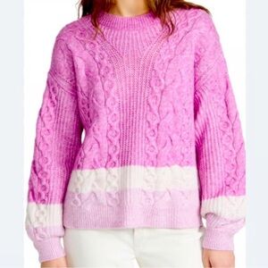 SPLENDID SAMANTHA PINK WHITE CABLE KNIT PULLOVER SWEATER WOMENS XS